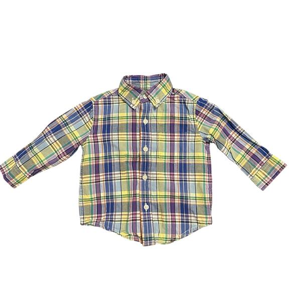Janie and Jack Plaid Madras Button Up Shirt Baby Boys 6-12 Mos Multicolor Cotton - Picture 2 of 6